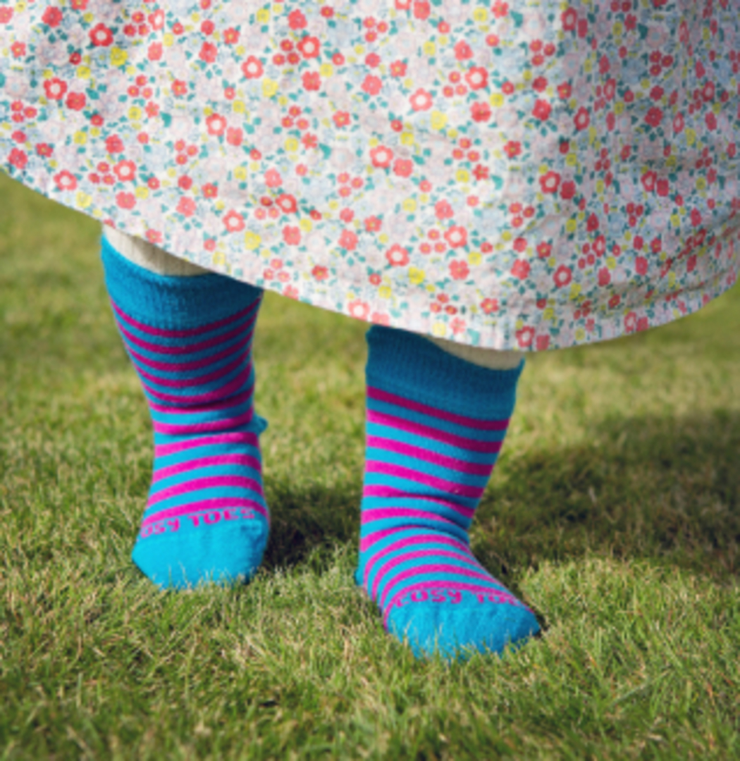 Long Merino Stripe Baby Socks - turquoise pink stripe image 0